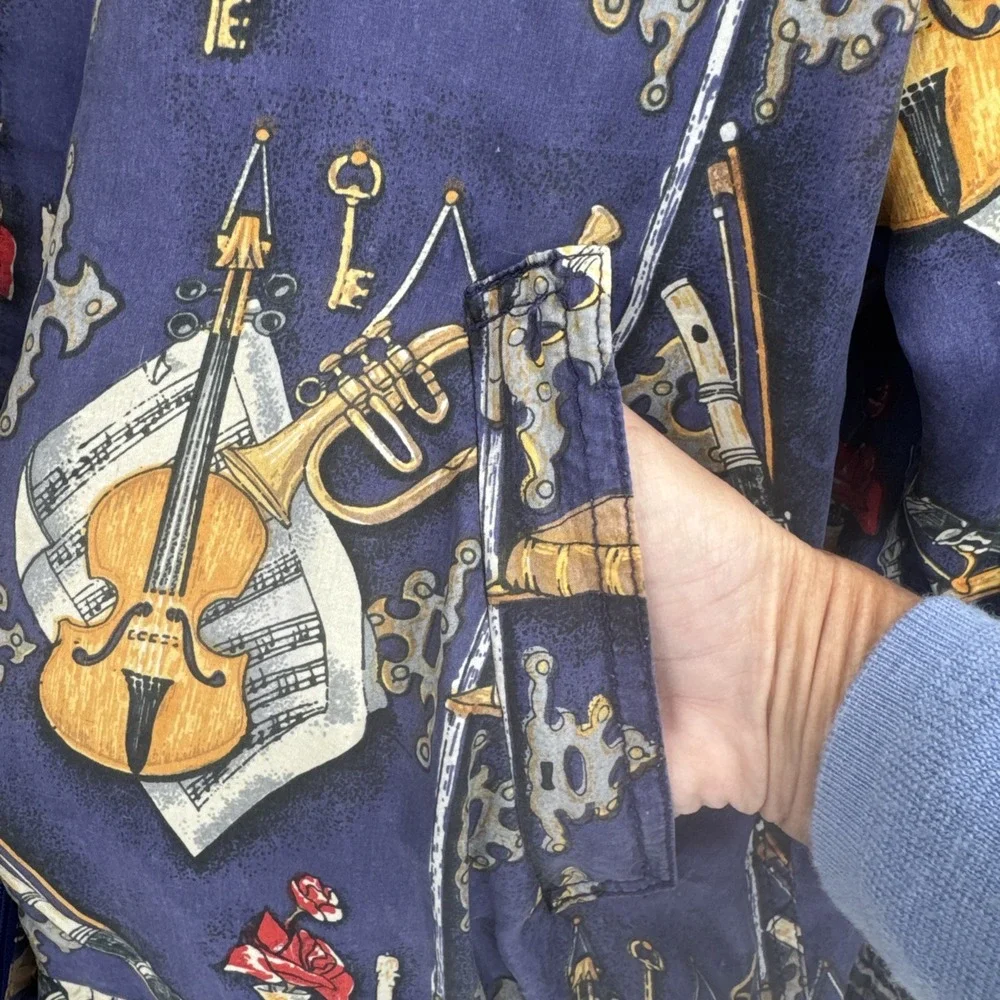 VTG Silk Road 100% Silk Track Jacket Women's M Musical Instruments Abstract  80s